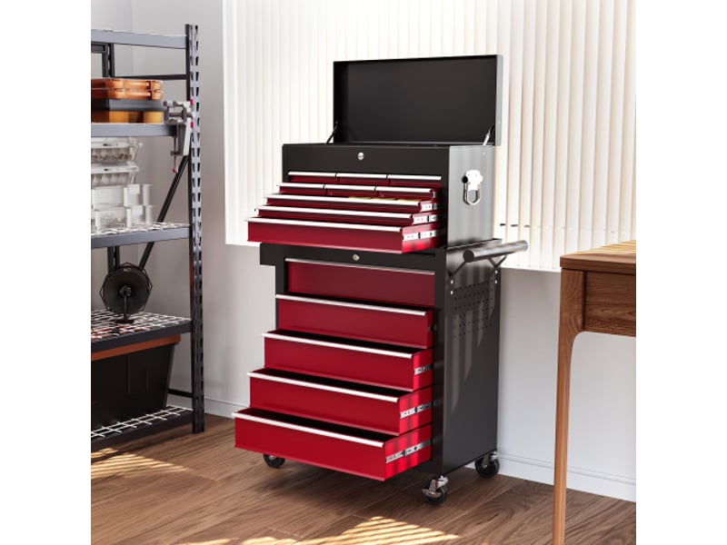 Chariot d'atelier rouge avec roulettes, 14 tiroirs verrouillables, panneau perforé latéral, tapis eva, servante mobile pour outils - Conforama C