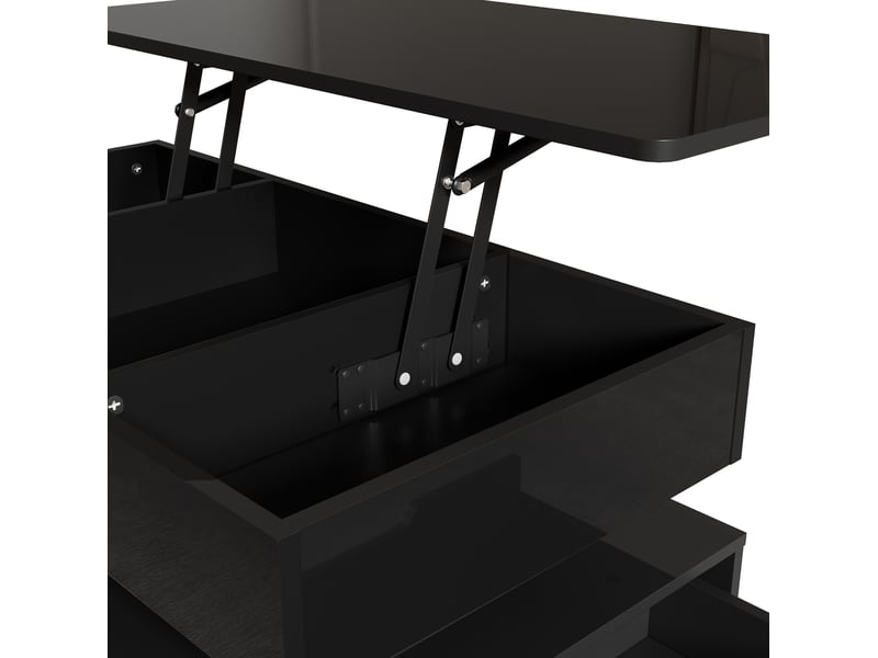  Table basse relevable avec tiroir, niches ouvertes, led et prise intégrée, finition brillante, mdf noir, 90 × 48 × 42,5 cm  - Conforama E