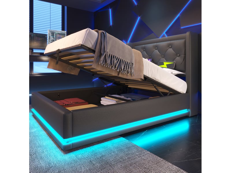  Lit coffre adulte 90x200 cm – noir – rangement hydraulique intégré, usbtype-c, led 3 côtés, avec matelas  - Conforama B
