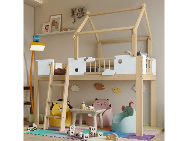  Lit mezzanine 90x200, sécurité renforcée lit mezzanine enfant, design cabane ludique, échelle sécurisée, structure bois massif  - Conforama B