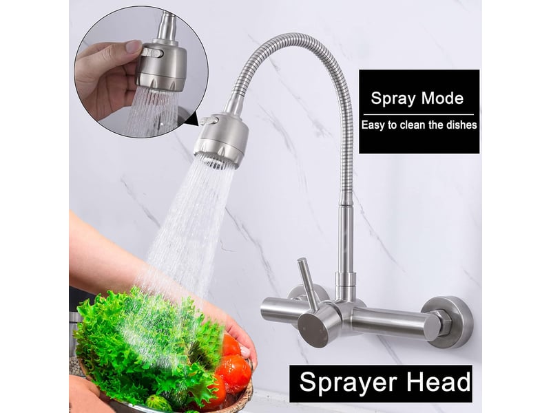  Robinet en acier inoxydable mural pour salle de bain et cuisine, robinet à pulvérisateur rotatif à 360° pour lavabo à eau chaude et froide  - Conforama E