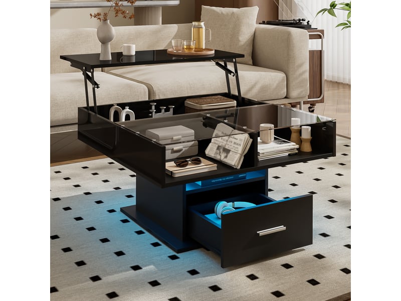  Table basse elevable carrée noir - 78x78 cm led panneau de particules table basse noir - Conforama B
