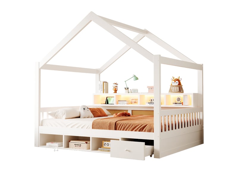  Lit cabane au sol 140x200cm avec toit, garde-corps, étagères, rangements, tiroirs, led, prise et sommier à lattes, bois, blanc evarich - Conforama A