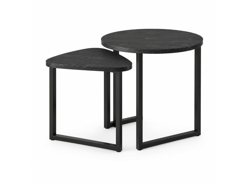  Lot de 2 tables basses gigognes rondes 45x48 et 42x40 cm, style industriel, structure métal, effet bois noir  - Conforama A
