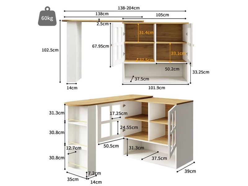  Table à manger rotative 360° - extensible 138-204cm - rangement intégré (étagères+vitrine)&amp;portes verre - blanc - idéal petit espace 204x39x102.5cm - Conforama E