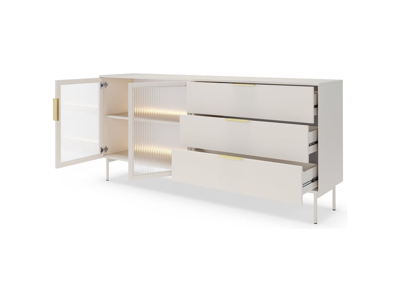  Selsey lumi – buffet 2 portes vitrées avec 3 tiroirs et éclairage led - cachemire - 181 cm Lumi - Conforama D