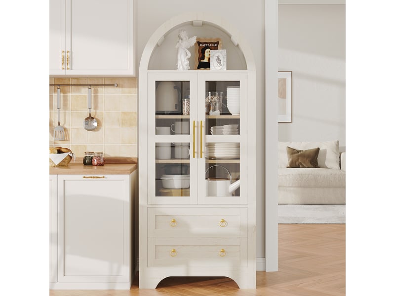 Buffet haut avec 2 portes vitrées, 2 tiroirs et 2 étagères réglables pour cuisine en mdf blanc, 76,2×40,1×180 cm - Conforama B