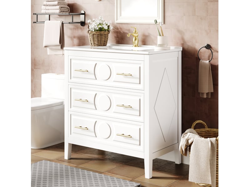 Meuble sous vasque avec 3 tiroirs à fermeture douce et vasque en céramique, rétro pour salle de bain, blanc, 81 × 46,5 × 86,5 cm - Conforama B