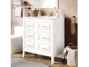 Meuble sous vasque avec 3 tiroirs à fermeture douce et vasque en céramique, rétro pour salle de bain, blanc, 81 × 46,5 × 86,5 cm