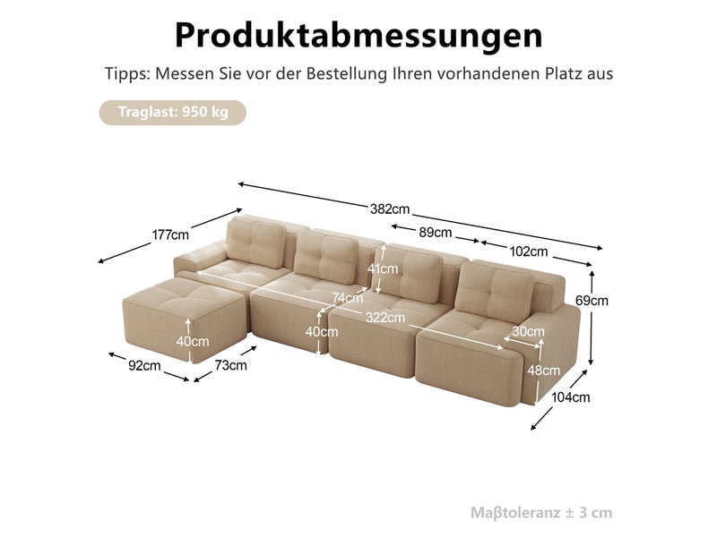  Canapé modulable d'angle en l,382x177x69cm,canapé 4 places sans structure avec 1 pouf,en velours côtel,rembourrage haute densité 32d - beige  - Conforama C