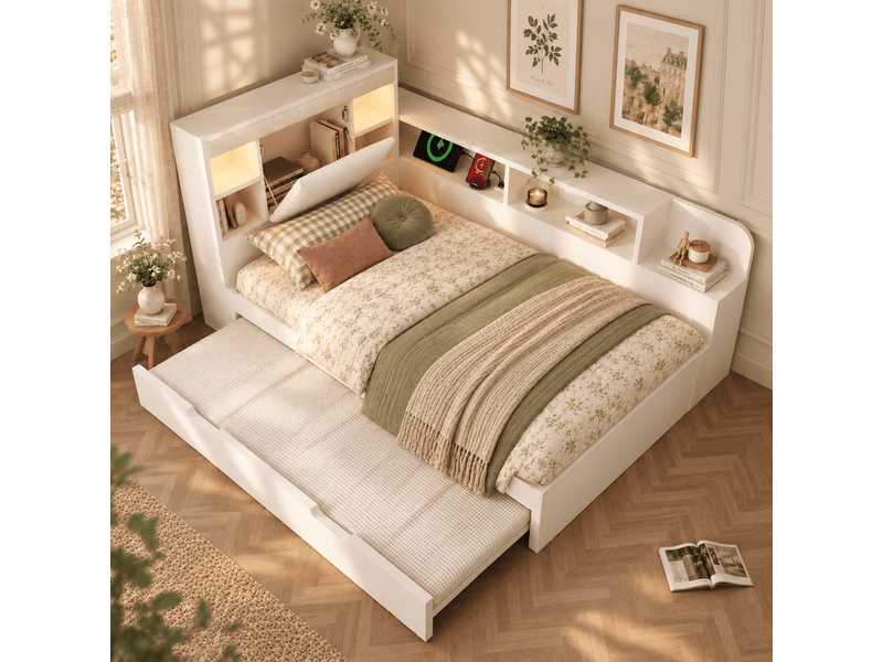 Lit gigogne 90x200 cm avec éclairage et usb, tête de lit avec rangement, bois, couleur blanc sans matelas - Conforama D