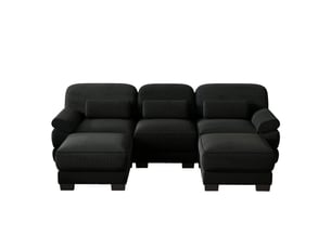 Canapé panoramique modulable 3 places 265 x 161 x 94 cm avec 2 poufs, assise profonde et coussins épais, velours côtelé, noir