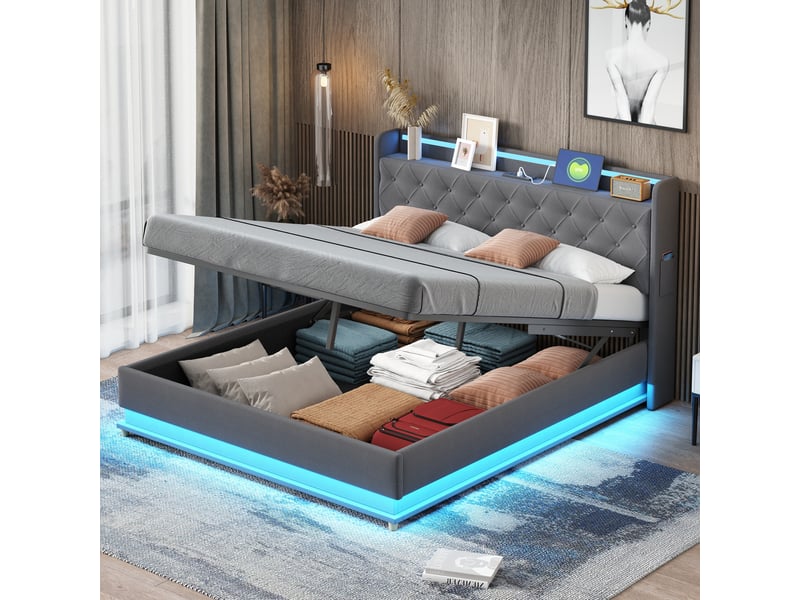  Lit capitonné led 160*200 cm gris, port usb et coffre hydraulique, tissu lin pour chambre  - Conforama E