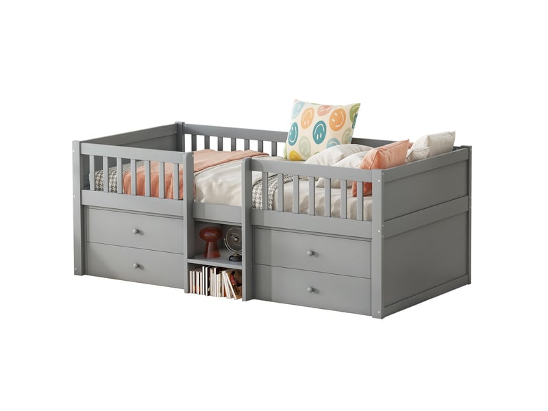 Lit enfant 90x200cm, sommier, rangement, 4 tiroirs, lit simple, barrière de sécurité, bois gris, sans matelas - Conforama A