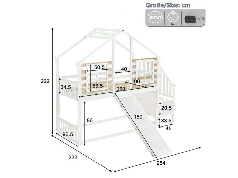  Lit superposé enfant 90x200 cm – blanc et naturel – cabane avec escalier, toboggan et fenêtres - sans matelas  - Conforama C