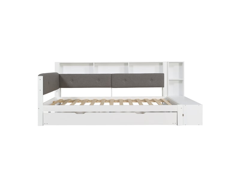  Lit banquette gigogne 120x200 cm,avec tête de lit rembourrée, rangement et prise usb,sommier à lattes,blanc  - Conforama A