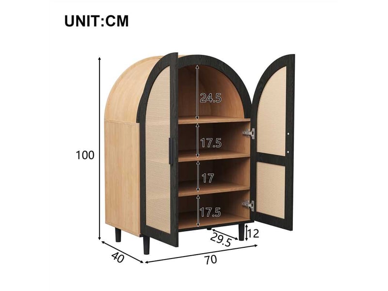 Buffet meuble à chaussures en rotin avec portes ajourées, design arrondi élégant et 3 étagères, rangement moderne - Conforama C