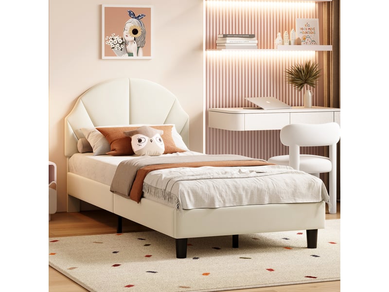  Lit enfant 90x200 cm avec tête de lit réglable, lit 1 place avec sommier à lattes, mobilier de chambre moderne, velours beige, sans matelas  - Conforama W