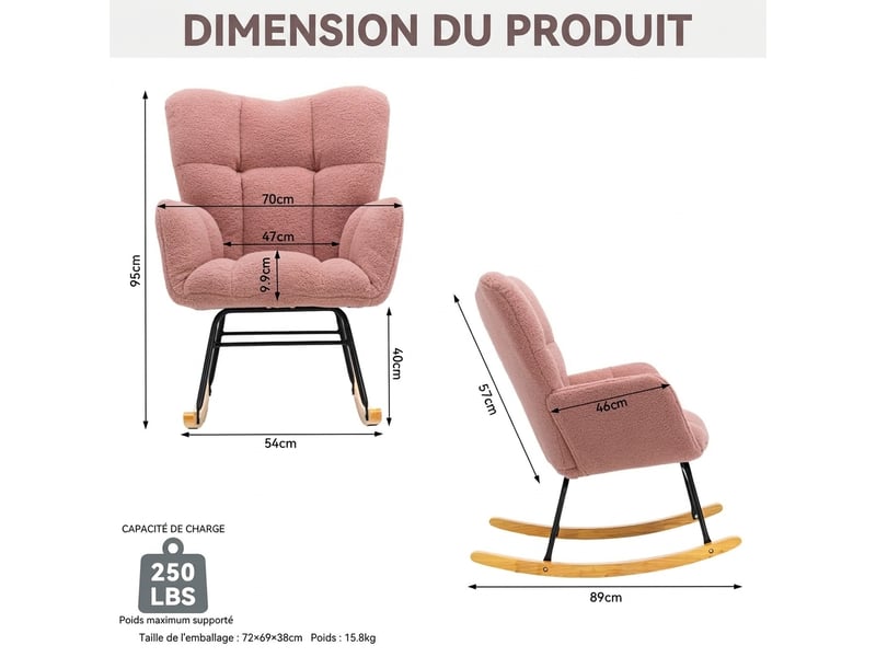  Fauteuil à bascule rose en tissu teddy avec dossier capitonné, pieds en bois et cadre en métal, 80x70x95 cm  - Conforama C