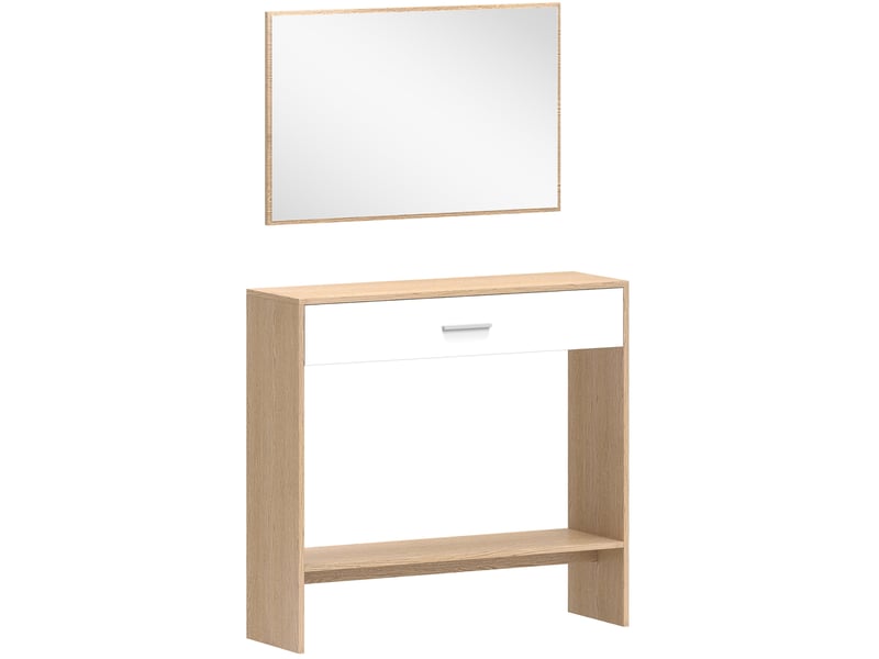  Console d'entrée avec miroir 91,5 x 27,9 x 85,5 cm, chêne et blanc, panneau de particules, tiroir et étagère  - Conforama D