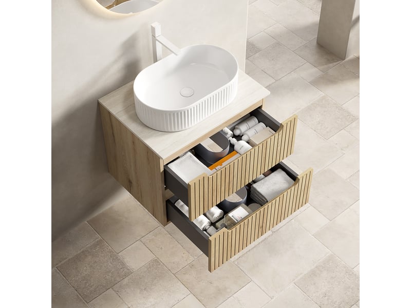 Meuble vasque suspendu 2 tiroirs amortis - lpospi - vasque ovale, céramique, chêne blanc 60 × 46 × 62,2 cm - Conforama B
