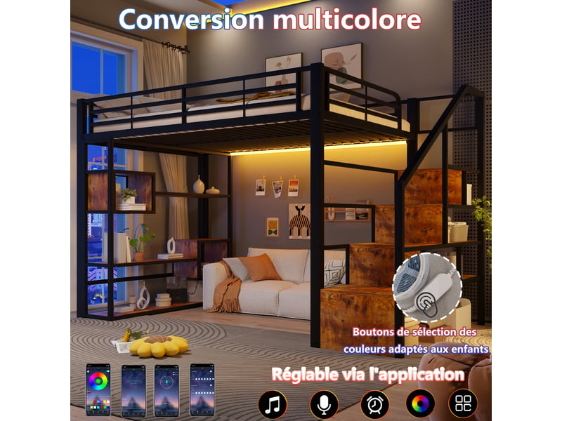 Lit mezzanine en métal 140x200 cm, lit double, lit ado, étagère avec rangement, garde-corps, échelle, led, espace ouvert sous le lit, noir Seren Glow - Conforama E