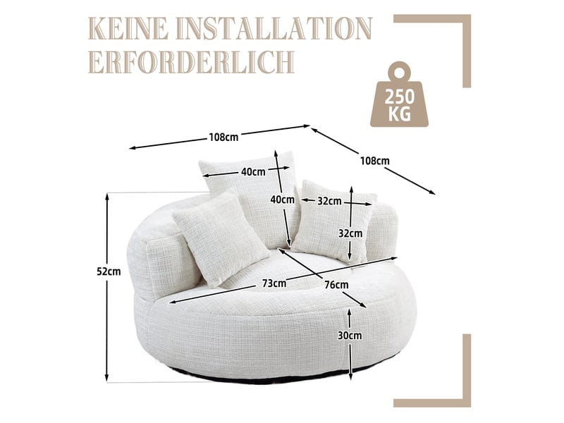  Fauteuil inclinable - à dossier haut - avec 3 coussins - résistant et confortable - chenielle - beige  - Conforama E