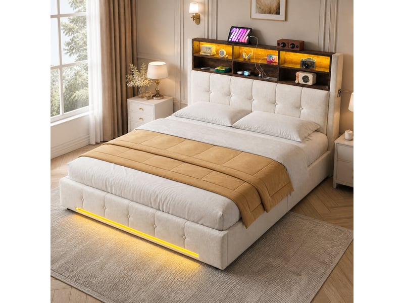  Lit coffre double 160×200 cm avec 6 étagères, usb-c et led réglable - okmyhome- velours beige, sans matelas  - Conforama B