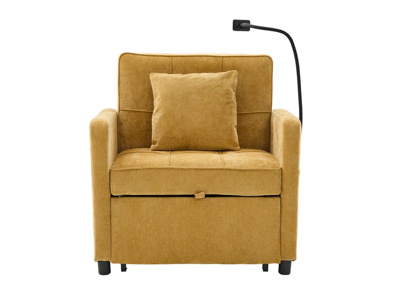 Fauteuil-lit 2-en-1 jaune moutarde en chenille avec coussin et rangements - Conforama A