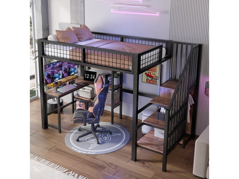 Lit mezzanine 90 x 200 cm en métal et mdf, avec bureau, étagères et armoire intégrée, noir et brun - Conforama B