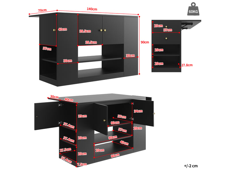  Îlot de cuisine rangement 140x40-70x90cm design moderne et élégant tiroirs plateau rabattable mdf et métal, noir  - Conforama C
