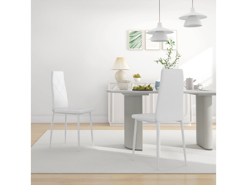  Lot de 2 chaises de salle à manger avec dossier haut, revêtement synthétique et pieds en acier, blanc  - Conforama D