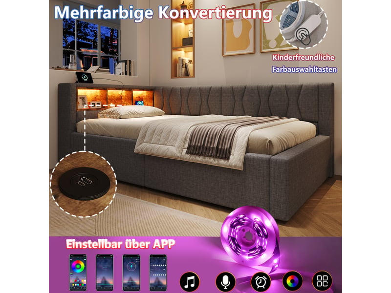  Lit banquette 90x200cm, gris, sans matelas, relevage hydraulique, pour chambre moderne et pratique  - Conforama D