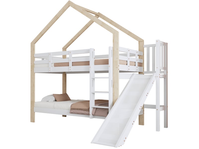 Lit superposé enfant 90x200 cm – blanc et naturel – maison avec toboggan et échelle 3 marches – sans matelas - Conforama A