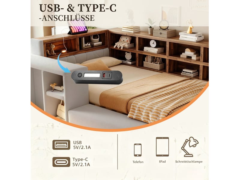  Lit, 90x200 cm, doté d’un espace de rangement, led, prises intégrées, table d'appoint, matelas non inclus, coloris gris  - Conforama E