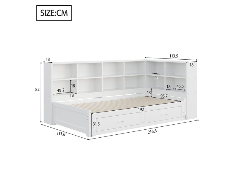  Lit simple multifonction 90180*190cm, couchage escamotable, rangements, prise intégrée, bois massif blanc  - Conforama B