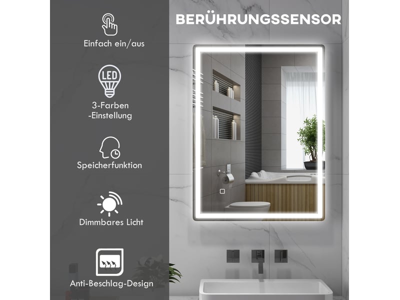 Miroir de salle de bain led 60x80 cm – argent – éclairage réglable, antibuée, mémoire et commande tactile - Conforama D