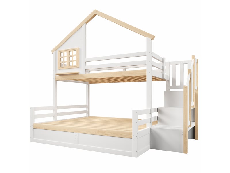 Lit superposé maison blanc et naturel 90/140x200 cm, rangement hydraulique, escalier - Conforama D