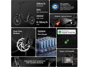 Hitway vélo électrique pliant 20 adulte bk6sl1–ebike- batterie amovible 36v 15,6ah, jusqu'à 150 km d'autonomie, moteur 250w, shimano 7 vitesses, app,bleu