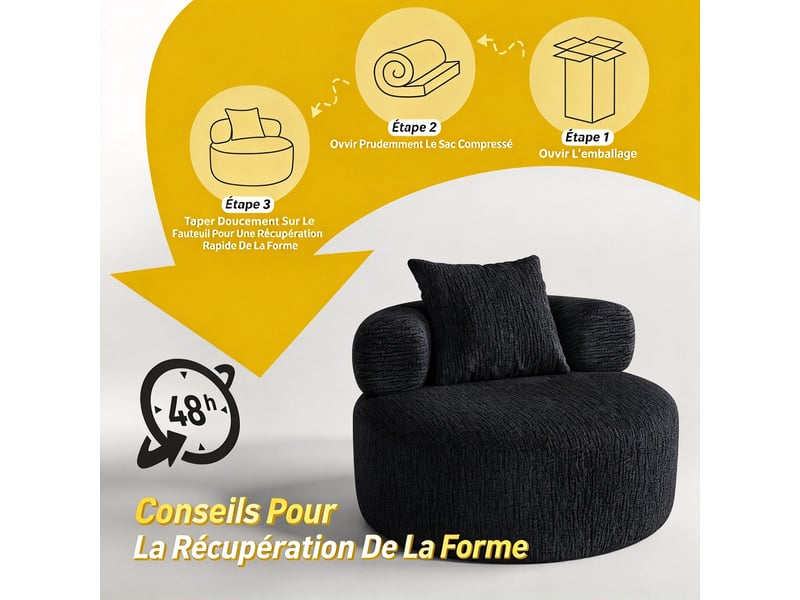 Fauteuil rond 1 place 100 x 100 x 65cm - chenille noir - mousse haute densité, coussin inclus pour salon, sans montage DJ-W3463P49987123-ZMS - Conforama E