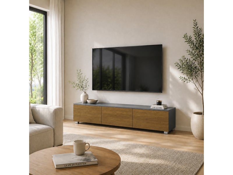 Meuble tv suspendu ou à poser au sol, 3 portes à fermeture douce, pour tv 65 pouces, gris et effet noyer, 160 cm  - Conforama B