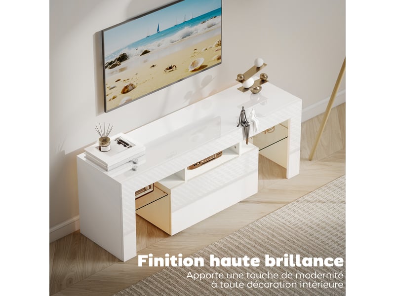  Meuble tv avec led rgb et étagères en verre trempé blanc 120x34x45 cm  - Conforama E