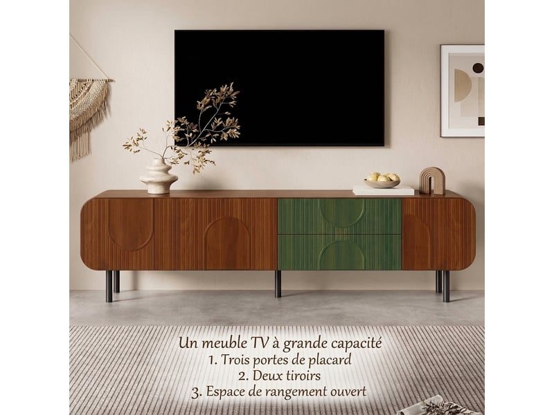  Meuble tv noyer 180 cm style mid-century avec 3 portes, 2 tiroirs et pieds en métal  - Conforama E