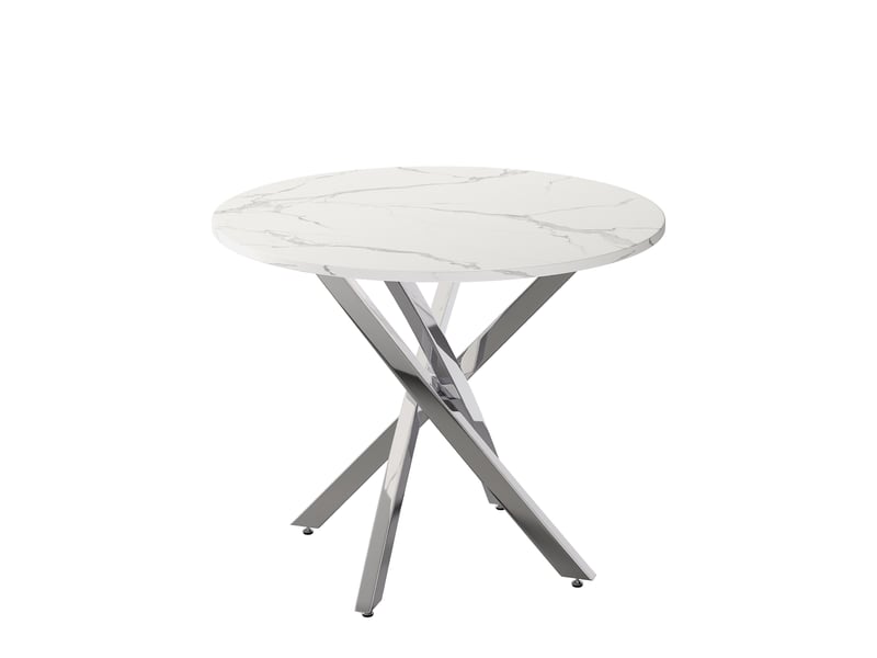 Table à manger ronde blanc+argent 80x80x75 cm, effet marbre, pieds argentés, style moderne minimaliste - Conforama E