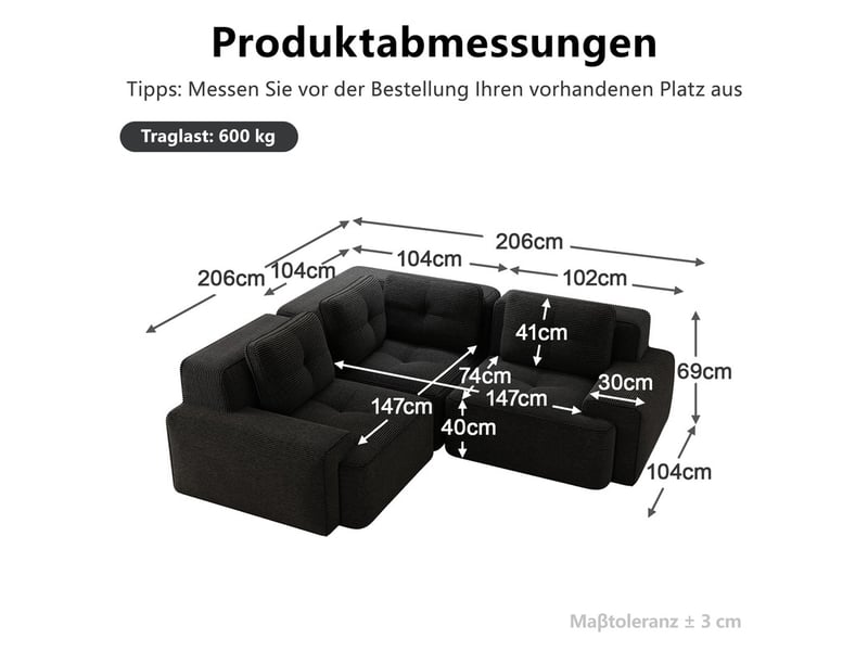  Canapé modulable d’angle en velours côtelé noir, sans montage  - Conforama C