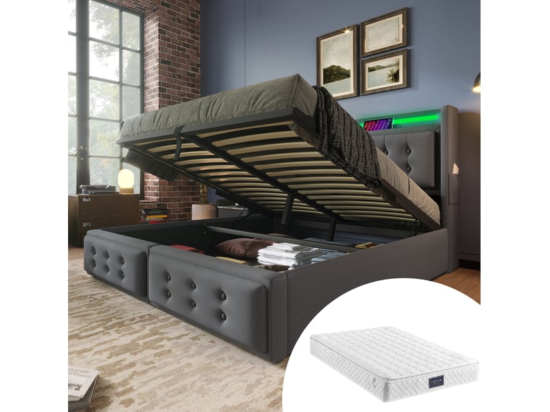  Lit coffre 160 × 200 cm 2 places avec led, usb et type-c, rangement hydraulique, avec matelas, en tissu gris  - Conforama B
