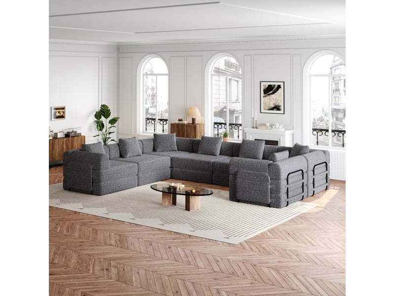  Canapé modulable convertible 6 places en tissu gris avec rangement d'accoudoir et structure acier – 2-en-1  - Conforama E