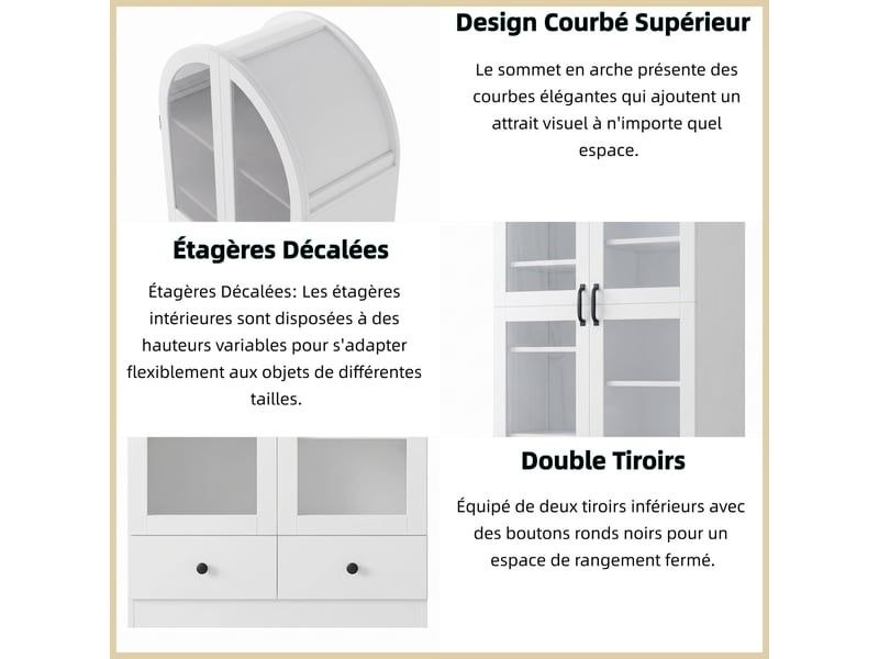  Vitrine arquée 76x40x180 cm blanche avec portes vitrées, rangement multi-niveaux et 2 tiroirs Fay Lum - Conforama D