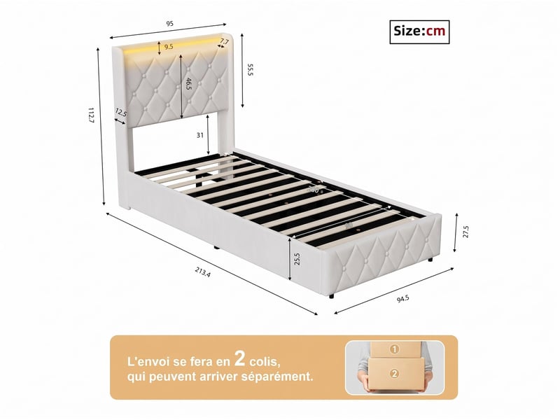  Lit adulte 90 x 200 cm – lit simple – lit coffre – éclairage led – ports usb et type‑c –  sommier à lattes – velours beige  - Conforama C