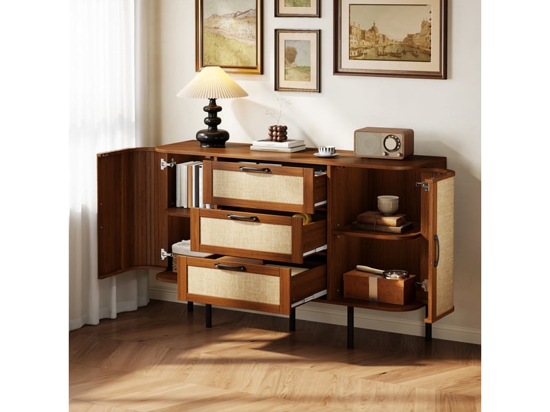  Buffet avec 2 portes et 3 tiroirs, meuble de rangement en mdf, façades effet cannage, étagères réglables, pieds métal noir - noyer  - Conforama C